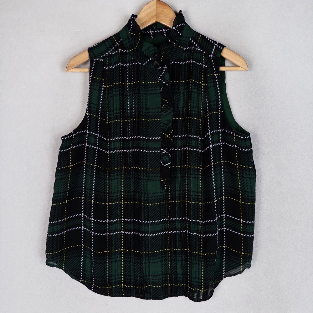 Ann Taylor Womens Blouse Small Green Plaid Ruffle Neck Pintuck Sleeveless Shell